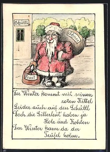 Künstler-AK Handgemalt sign. Anton Suchamel: Weihnachtsmann mit Schnee und Frost im Gepäck auf dem Schüttl