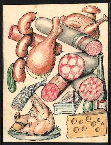 Künstler-AK Handgemalt sign. Anton Suchamel: Stilleben mit Wurst, Fleisch, Käse und Wein