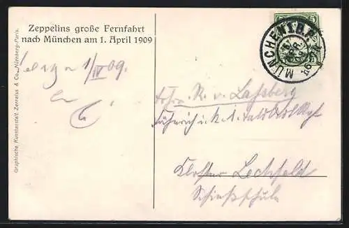 AK München, Zeppelins grosse Fernfahrt 1.4.1909, Luftschiff über der Ruhmeshalle