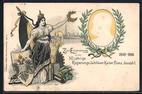 Lithographie 50 jährig. Regierungsjubiläum Sr. Maj. Kaiser Franz Josef I., 1848 - 1898, Austria