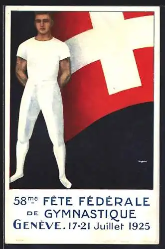 Künstler-AK Geneve, 58me. Fete Federale de Gymnastique 17.-21.07.1925, Turner vor schweizer Fahne