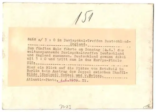 Fotografie Schostal, Ansicht Berlin, Tennis Davispokal-Treffen Deutschland gegen England auf dem Rot-Weiss-Platz 1939