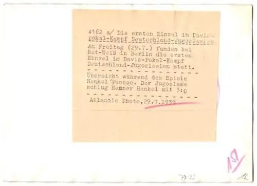 Fotografie Tennis Davispokal-Treffen 1938, Einzel Deutschland gegen Jugoslawien