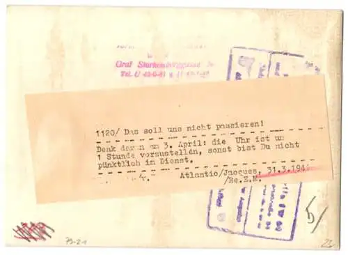 Fotografie Schostaal, Zeitumstellung 1941, Nicht vergessen sonst kommst Du nicht pünktlich zum Dienst 1941