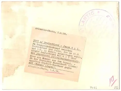 Fotografie Atlantic, Tennis-Länderkampf 1938, Doppelmannschaften Deutschland gegen Japan 4:1