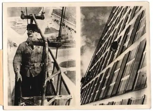 Fotografie Atlantic, Fensterputzer in einem Arbeitskorb an einer Hochhaus-Fassade 1942