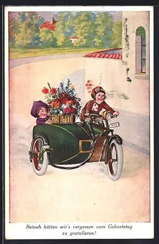 AK Motorrad mit Seitenwagen, Kinder mit Blumen