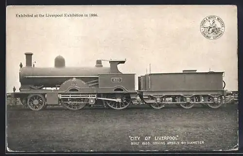 AK Englische Eisenbahn-Lokomotive City of Liverpool, ausgestellt auf der Liverpool Exhibition 1886