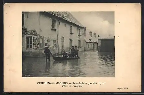 AK Verdun-sur-le-Doubs, Hochwasser / Inondations 1910, Place de l`Hopital