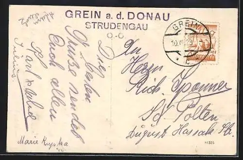 AK Grein a. d. Donau, Panorama mit Donaupartie