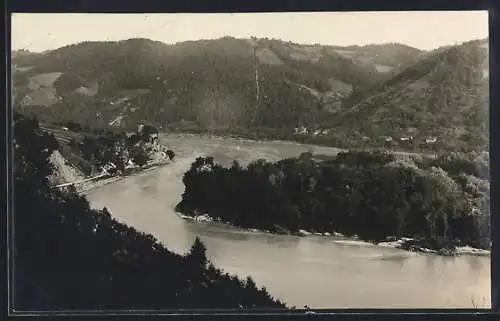 AK Grein a. d. Donau, Donaupartie mit Burgruine