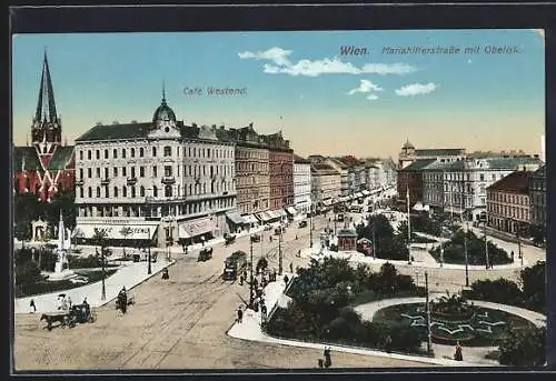 AK Wien, Mariahilferstrasse mit Obelisk und Strassenbahn, Café Westend