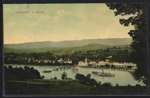 AK Aschach a. Donau, Uferpartie mit Dampfer