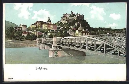 AK Salzburg, Teilansicht mit Festung und Brücke