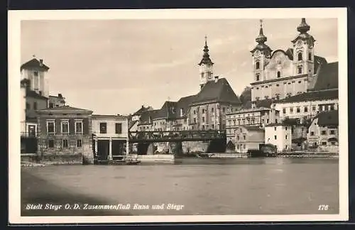 AK Steyr /O. D., Zusammenfluss Enns und Steyr mit Kirche