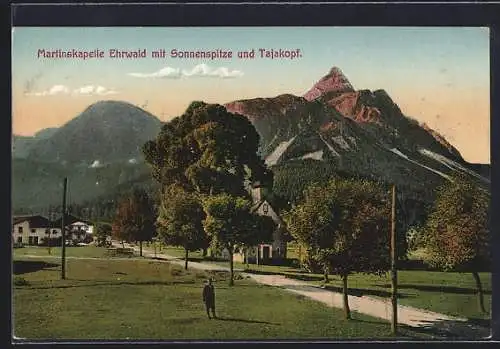 AK Ehrwald, Martinskapelle mit Sonnenspitze und Tajakopf