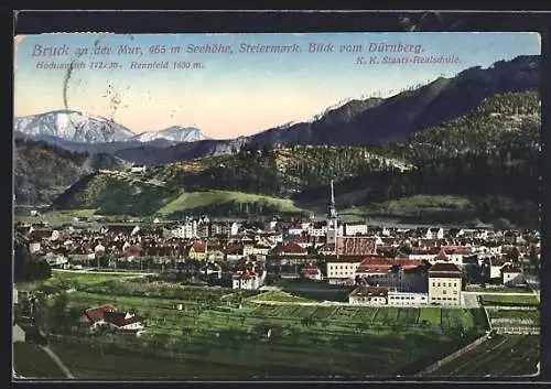 AK Bruck an der Mur, Blick vom Dürnberg mit K. K. Staats-Realschule, Hochlantsch und Rennfeld