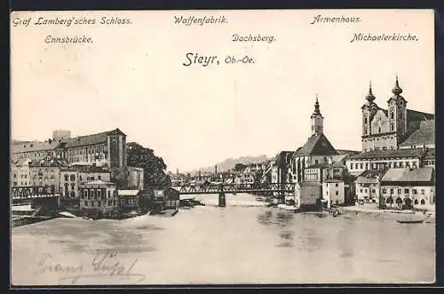 AK Steyr /Ob.-Oe., Waffenfabrik, Graf Lambergsches Schloss und Michaelerkirche