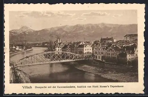 AK Villach, Draupartie mit der Karawankenkette von Hotel Mossers Dependance aus