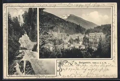 AK Badgastein, Teilansicht mit Bergen, Wasserfall