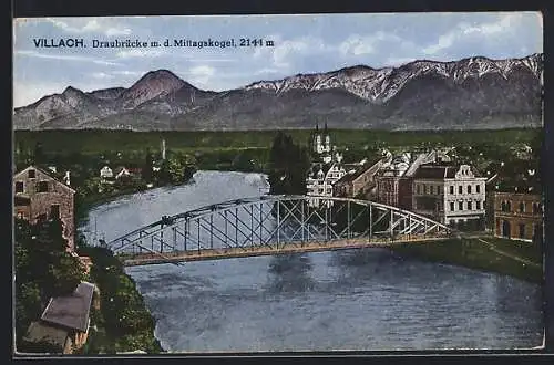 AK Villach, Draubrücke mit dem Mittagskogel