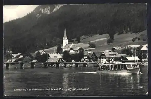 AK Techendorf am Weissensee, Brücke mit Motorschiff St. Hubertus