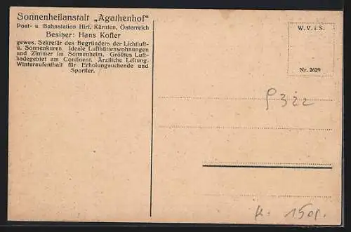 AK Hirt /Kärnten, Sonnenheilanstalt Hotel Agathenhof, Bes. Hans Kofler
