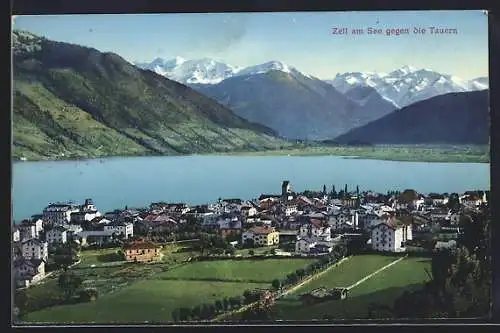 AK Zell am See, Ortsansicht gegen die Tauern