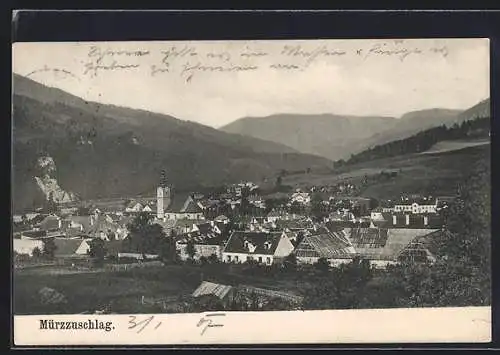 AK Mürzzuschlag, Generalansicht, Blick zur Kirche im Ort