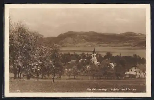 AK Nussdorf am Attersee, Ansicht mit Obstwiesen