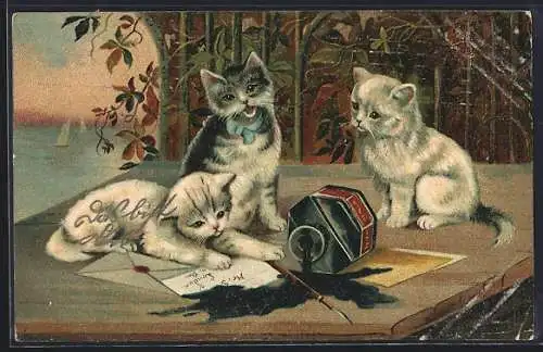 Lithographie Katzen auf dem Schreibtisch mit Brief und Tintenfass