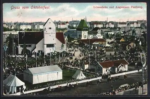 AK München, Oktoberfest, Festgelände mit Löwenbräu und Augustiner Festburg