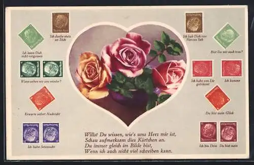 AK Briefmarkensprache Ich denke stets an Dich, Ich komme, Du bist mein Glück, Herz mit Blumen