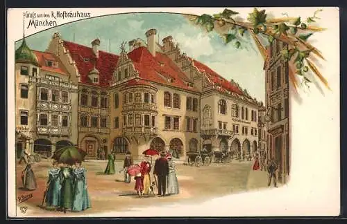 Lithographie München, Strassenpartie am Königlichen Hofbräuhaus