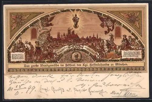 Lithographie München, das grosse Wandgemälde im Festsaal des Kgl. Hofbräuhauses