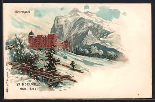 Lithographie Grindelwald, Hotel Baer im Winter