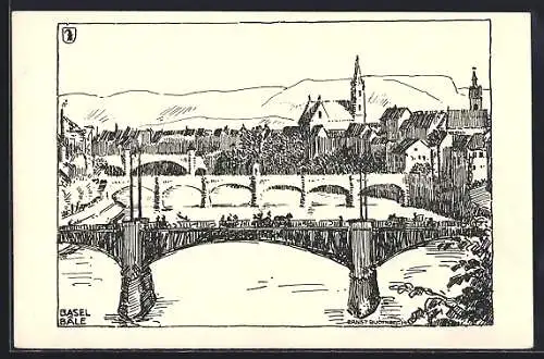 Künstler-AK Basel, Brücke über den Rhein