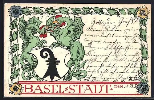 Künstler-AK Basel-Stadt, Wappen der Stadt mit floraler Umrahmung