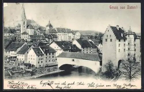 AK Baden, Teilansicht mit Brücke und Kirche