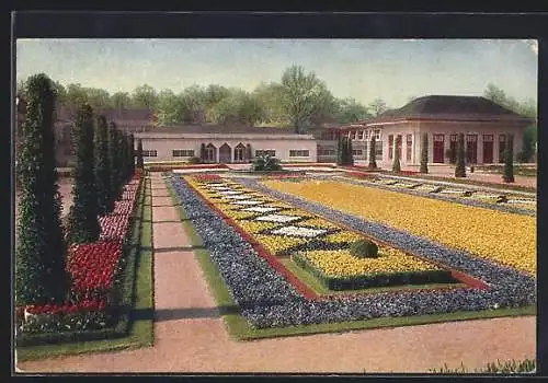 AK Dresden, Jubiläums-Gartenbau-Ausstellung 1926. grosse Schmuckanlage am Haupteingang