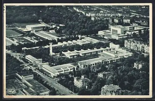 AK Dresden, Internationale Hygiene-Ausstellung 1931 mit Vogelansicht des Teilgeländes im Bauhausstil