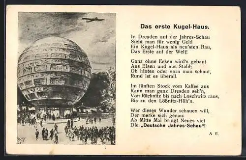 AK Dresden, Deutsche Jahresschau 1928, Gedicht: Das erste Kugelhaus, Art Deco