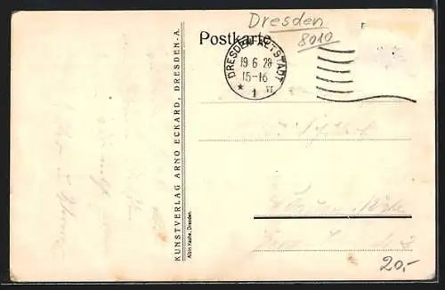 AK Dresden, Deutsche Jahresschau 1928, Gedicht: Das erste Kugelhaus, Art Deco