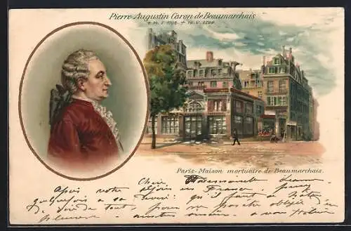 Lithographie Paris, Maison mortuaire de Beaumarchais, Pierre Augustin Caron de Beaumarchais