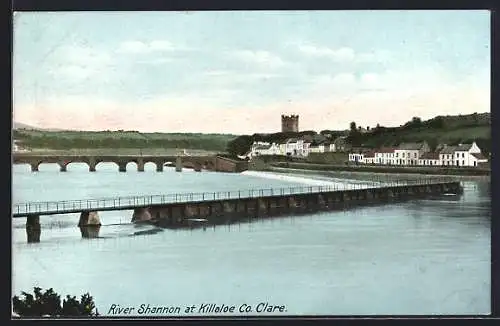 AK Killaloe, Blick auf River Shannon mit Brücken