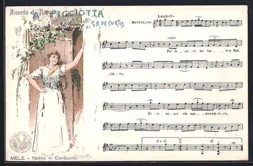 Lithographie Neapel / Napoli, Lied A Picciotta, Frau in Tracht steht vor der Tür