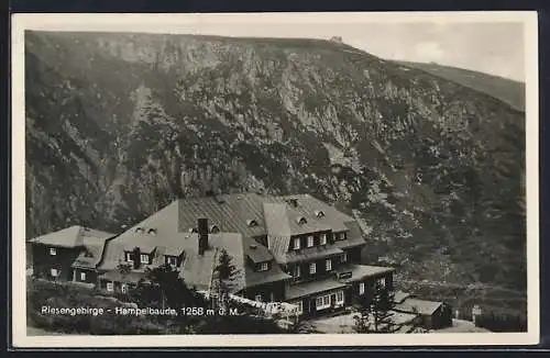 AK Hampelbaude /Riesengebirge, Baude aus der Vogelschau