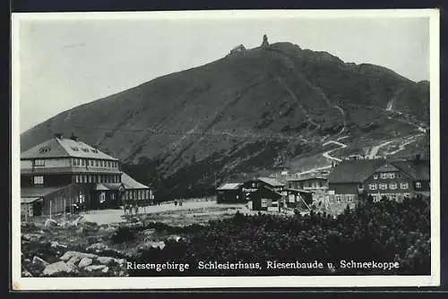 AK Schlesierhaus /Riesengebirge, Blick auf Riesenbaude und Schneekoppe