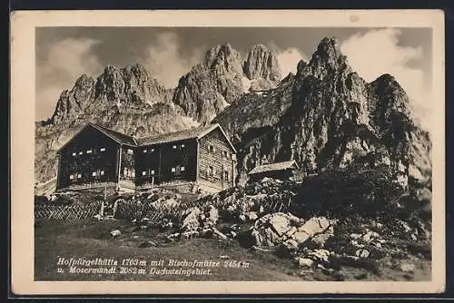 AK Hofpürgelhütte, Berghütte mit Bischofmütze und Mosermandl, Dachsteingebiet