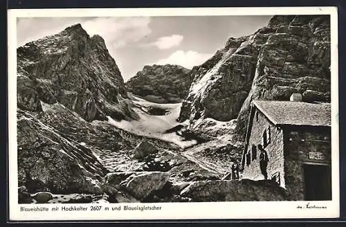 AK Blaueishütte, Berghütte mit Hochkalter und Blaueisgletscher